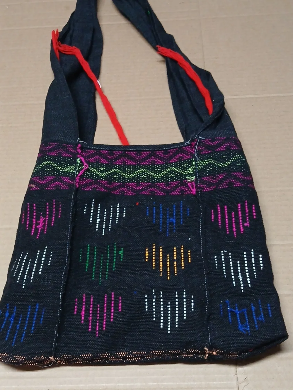 Boho Woven Fabric Hobo Shoulder Bag Black Fringe w/ Multicolor Fuzzy Hearts